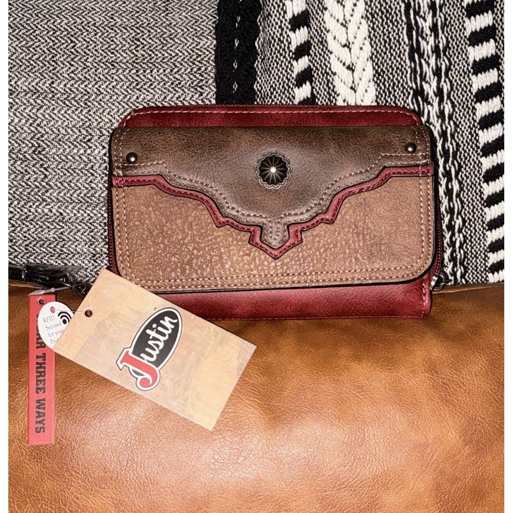 Justin RFID Women's Leather‎ 3 Ways Wristlet /Crossbody /Clutch Red Brown NWT